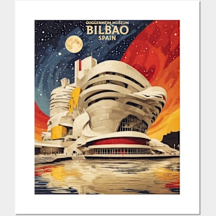 Guggenheim Museum Bilbao Spain Starry Night Travel Tourism Retro Vintage Posters and Art